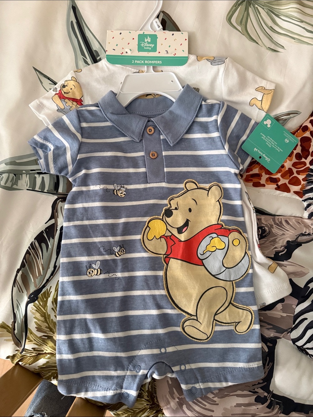 Disney Blue & White Striped Winnie the Pooh Polo Romper Set